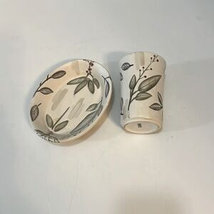 Ceramic Bathroom Soap and Brush Set Cream & Sage Floral Pottery Bowl & Cup